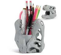KwatTsz Dinosaur Skull Pen Holder, Pencil Holder for Desk Decor, Funny Dinosaur Pen Holder Gifts for Men and Boys, Gothic Home Office Decor, Grey