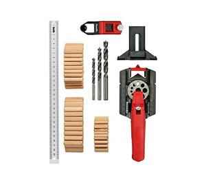 KWB DOVETAIL GUIDE SET 153-PIECE INCLUDING 50 DOWELS AND 1 DRILL BIT 6, 8, 10 MM WITH 30CM RULER, 3-12MM DRILL HOLES INCLUDING COUNTERSINK DIMENSIONS, STRAIGHT DRILLING IN WOOD, METAL, AND MORE, DOVETAIL DRILL GUIDE