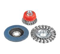 kwb Wire Brush Set for Angle Grinders with M14 Adapter, Including 115 Mm Grinding Disc K-80 for Cleaning and Sanding Tasks, 3-Pieces