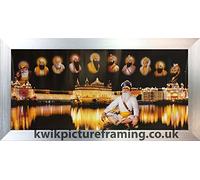 Kwik Picture Framing Ltd Harmandir Sahib Golden Temple Amritsar Punjab India At Night With 10 Gurus In Size - 28 X 13 | Silver Frame