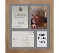 Kwik Picture Framing Ltd Queen Birthday Anniversary Presentation Frame 20 x 16 Inch Multi Aperture Display for Congratulatory Letter, Envelope and 6 x 4 Photo | Made in UK | Grey Mount - Oak Frame