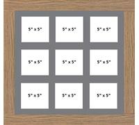 Kwik Picture Framing | MULTI APERTURE PHOTO FRAME FITS 9 5x5 PHOTOS Multi-Picture Frames | Grey Mount | Can be hung Landscape or portrait | Oak Frame |Picture Frame|Photo frames Made in UK