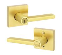 Kwikset Halifax Entry Door Handle with Lock and Key, Secure Keyed Reversible Lever Exterior, for Front Entrance and Bedrooms, Satin Brass, Pick Resistant Smartkey Rekey Security and Microban