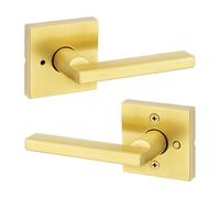 Kwikset Halifax Interior Privacy Door Handle with Lock, Door Lever for Bathroom and Bedroom, Satin Brass Reversible Keyless Push Button Lock Door Lever, with Microban Protection