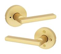 Kwikset Halifax Interior Privacy Door Handle with Lock, Door Lever for Bathroom and Bedroom, Satin Brass Reversible Keyless Push Button Lock Door Lever, with Microban Protection