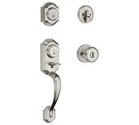 Kwikset Montara Front Door Lock Handle and Deadbolt Set, Entry Handleset Exterior with Interior Door Knob, Satin Nickel, Pick Resistant SmartKey Rekey Deadbolt Security