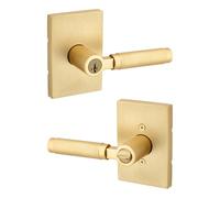 Kwikset Prava Entry Door Handle with Lock and Key, Secure Keyed Reversible Lever Exterior, for Front Entrance and Bedrooms, Satin Brass, Pick Resistant Smartkey Rekey Security and Microban