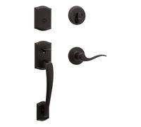 Kwikset Prescott Single Cylinder Front Door Handleset with Tustin Lever Featuring SmartKey Security and Microban Antimicrobial Protection in Venetian Bronze (98180-022)