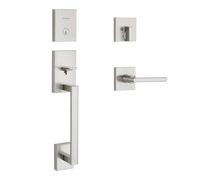 Kwikset San Clemente Front Door Lock Handle and Deadbolt Set, Entry Door Handleset Exterior with Interior Reversible Lever, Satin Nickel, Pick Resistant SmartKey Rekey Deadbolt Security