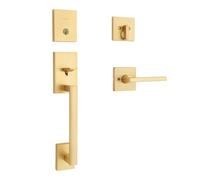 Kwikset San Clemente Front Door Lock Handle and Deadbolt Set, Entry Door Handleset Exterior with Interior Reversible Lever, Satin Brass, Pick Resistant SmartKey Rekey Deadbolt Security