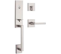 Kwikset Vancouver Low Profile Front Lock Handleset with Microban, Including Slim Modern Halifax Door Lever Handle Featuring SmartKey Security, Satin Nickel 98180-014