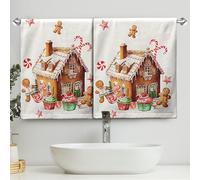 Kwlegh Christmas Gingerbread House with Cookies Cupcakes Candy Cane Towels Set of 2 Xmas Gingerbread Man Hand Towels 14.4x28.3 Kitchen Towels Face Fingertip Towels for Bathroom Kitchen Hotel