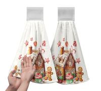 Kwlegh Christmas Gingerbread Man Hanging Kitchen Towels Cookies Candy Cane Hand Towel with Hanging Loop Ginger Bread House Dish Towels Xmas Soft Absorbent Fingertip Bath Tea Towel Decor Set of 2