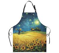Kwlegh Fall Aprons Golden Sunflower Wheat Field Under Van Gogh Starry Night Apron with Pockets Adjustable Strap Autumn Kitchen Chef Apron Art Apron for Painting Crafting Cooking Barbecue Sewing