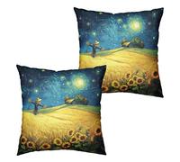 Kwlegh Fall Throw Pillow Covers 18x18 Set of 2 Autumn Sunflower Wheat Field Harvest Pillow Covers Scarecrow Under Van Gogh Starry Night Thanksgiving Pillowcase for Home Decor Couch