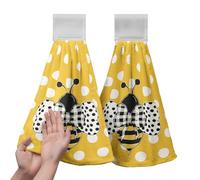 Kwlegh Honey Bee Kitchen Hanging Towels Set of 2 Summer Bumble Bee Polka Dots Hand Towels with Hanging Loop Yellow Farmhouse Dish Towels Soft Absorbent Fingertip Bath Tie Towel for Bathroom