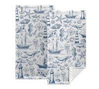Kwlegh Nautical Coastal Hand Towels Vintage Dark Blue White Ocean Fish Kitchen Towels Ocean Sailing Lighthouse Starfish Bath Towels 14.4x28.3 Inch Soft Towels for Bathroom Spa Gym 2Pcs