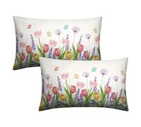 Kwlegh Spring Summer Floral Rectangle Pillow Case 12x20 Pink Tulip Lumbar Throw Pillow Covers Flowers with Butterflies Decorative Waist Pillowcase Set of 2 for Bed Couch Sofa