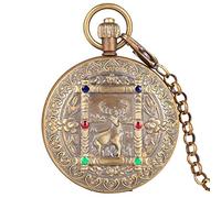 KWMAEEUID Pure Copper Elk Deer Flower Design Tourbillon Phase Sun Mechanical Pocket Watch Vintage Same Double Full Hunter Watch with Chain