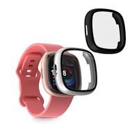 kwmobile 2 Cover with Screen Protector for Fitbit Versa 4 / Sense 2 Case - Tempered Glass with Plastic Frame Covers - Black/Silver