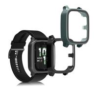 kwmobile 2 Cover with Screen Protector for Garmin Venu Sq 2 Music/Sq 2 Case - Tempered Glass with Plastic Frame Covers - Black/Green