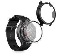 kwmobile 2 Cover with Screen Protector for OnePlus Watch 2 / OPPO Watch X Case - Tempered Glass with Plastic Frame Covers - Transparent/Black