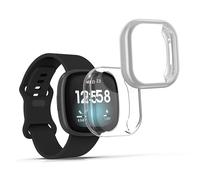 kwmobile 2x Cover with Screen Protector for Fitbit Versa 3 / Sense Case - TPU Silicone Fitness Tracker Cover Set - Transparent/Silver