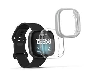 kwmobile 2x Cover with Screen Protector for Fitbit Versa 3 / Sense Case - TPU Silicone Fitness Tracker Cover Set - Transparent/Silver