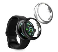kwmobile 2x Cover with Screen Protector for Google Pixel Watch 4 41mm Case - TPU Silicone Fitness Tracker Cover Set - Black/Silver
