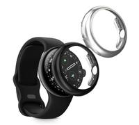 kwmobile 2x Cover with Screen Protector for Google Pixel Watch 4 45mm Case - TPU Silicone Fitness Tracker Cover Set - Black/Silver