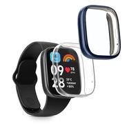 kwmobile 2x Cover with Screen Protector for Xiaomi Redmi Watch 3 Active Case - TPU Silicone Fitness Tracker Cover Set - Transparent/Dark Blue