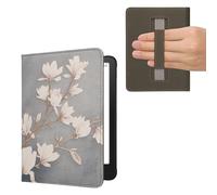 kwmobile Case Compatible with Amazon Kindle Paperwhite (2024)/Colorsoft Case - PU Cover w/Strap - Magnolias Taupe/White/Blue Grey
