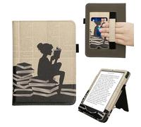 kwmobile Case Compatible with Amazon Kindle Paperwhite (2024)/Colorsoft - Case PU Leather Cover with Magnet Closure, Stand, Strap, Card Slot - Girl and Books Black/Beige