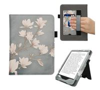 kwmobile Case Compatible with Amazon Kindle Paperwhite (2024)/Colorsoft - Case PU Leather Cover with Magnet Closure, Stand, Strap, Card Slot - Magnolias Taupe/White/Blue Grey