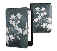 kwmobile Case Compatible with Amazon Kindle Paperwhite Case - PU Cover w/Strap - Magnolias Taupe/White/Blue Grey