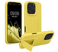 kwmobile Case Compatible with Apple iPhone 16 Pro - Case with Hand Strap and Stand Soft TPU Silicone Coating - Radiant Yellow