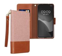 kwmobile Case Compatible with Google Pixel 4a Wallet Cover - Smartphone Card Holder Case With Hand Strap - Magnetic Closure Card Holder - Dusty Pink/Brown