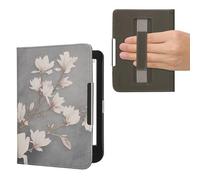 kwmobile Case Compatible with Kobo Clara BW/Colour Case - PU Cover w/Strap - Magnolias Taupe/White/Blue Grey
