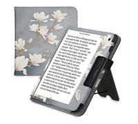 kwmobile Case Compatible with Kobo Libra 2 - Case PU Leather Cover with Magnet Closure, Stand, Strap, Card Slot - Magnolias Taupe/White/Blue Grey