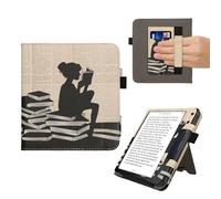 kwmobile Case Compatible with Kobo Libra Colour - Case PU Leather Cover with Magnet Closure, Stand, Strap, Card Slot - Girl and Books Black/Beige