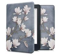 kwmobile Case Compatible with Kobo Nia Case - eReader Cover - Magnolias Taupe/White/Blue Grey