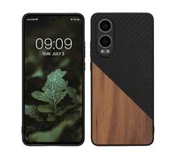 kwmobile Case Compatible with OnePlus Nord CE 4 Lite 5G - Hard Phone Cover with TPU Bumper and Wood/Carbon Back - Dark Brown/Black