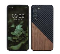 kwmobile Case Compatible with Samsung Galaxy S23 Plus - Hard Phone Cover with TPU Bumper and Wood/Carbon Back - Dark Brown/Black