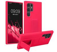 kwmobile Case Compatible with Samsung Galaxy S24 Ultra - Case with Hand Strap and Stand Soft TPU Silicone Coating - Neon Pink