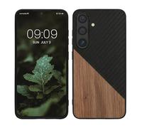 kwmobile Case Compatible with Samsung Galaxy S25 - Hard Phone Cover with TPU Bumper and Wood/Carbon Back - Dark Brown/Black