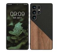 kwmobile Case Compatible with Samsung Galaxy S25 Ultra - Hard Phone Cover with TPU Bumper and Wood/Carbon Back - Dark Brown/Black