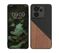kwmobile Case Compatible with Xiaomi 13T / 13T Pro - Hard Phone Cover with TPU Bumper and Wood/Carbon Back - Dark Brown/Black