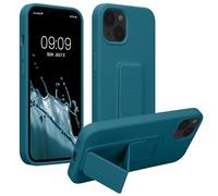 kwmobile Case for Apple iPhone 13 Case - Soft TPU Cover with Silicone Coating - With Hand Strap and Stand Function - Shockproof - Teal Matte