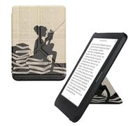 kwmobile Origami Case Compatible with Kobo Clara BW/Colour - Case Slim Premium PU Leather Cover with Stand - Girl and Books Black/Beige