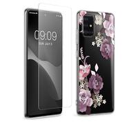 kwmobile Clear Case and Screen Protector Compatible with Samsung Galaxy A51 Case - Flower Bouquets Pastel Purple/Transparent